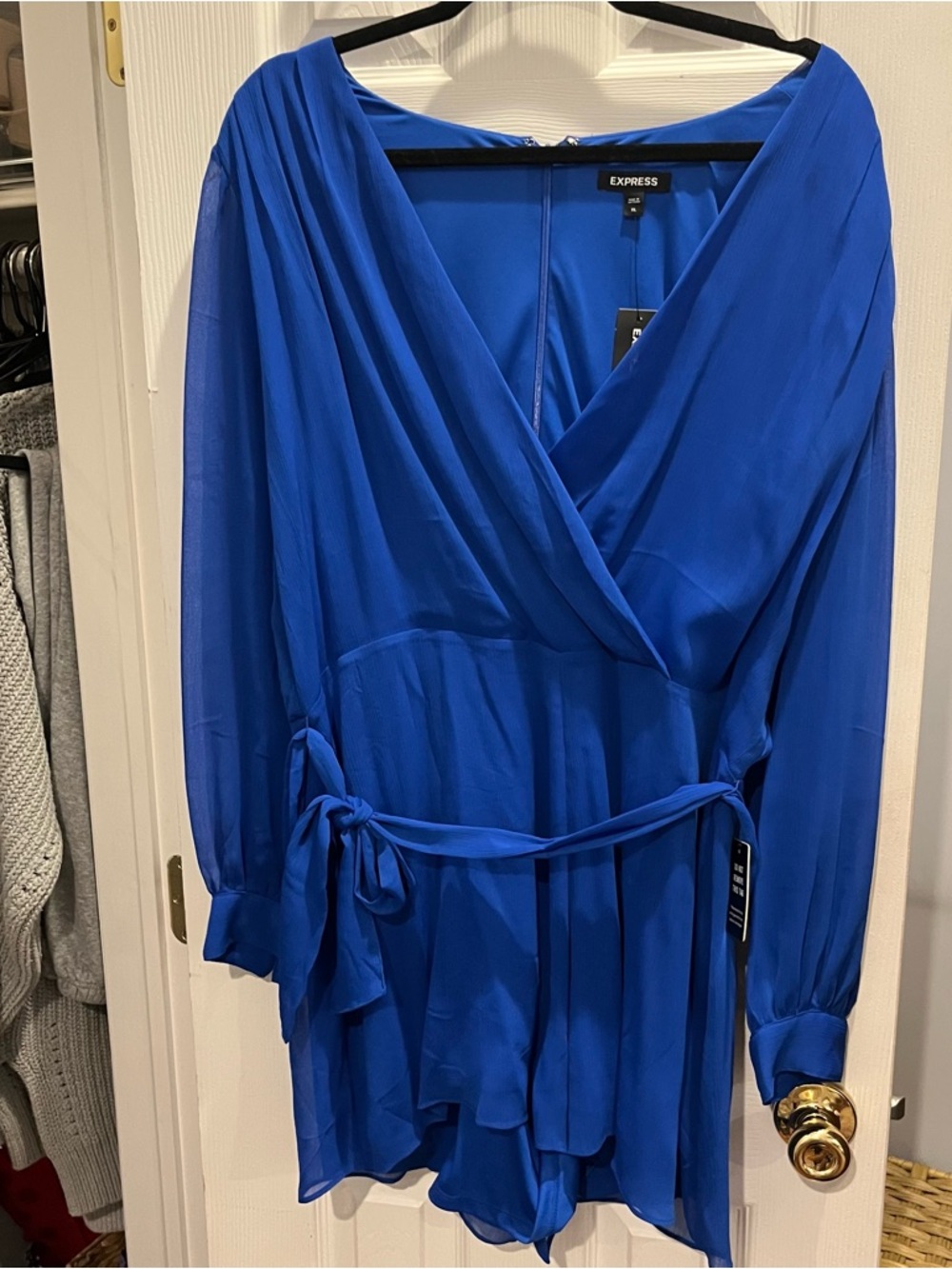 Express Electric Blue Long Sleeve Faux Wrap Romper